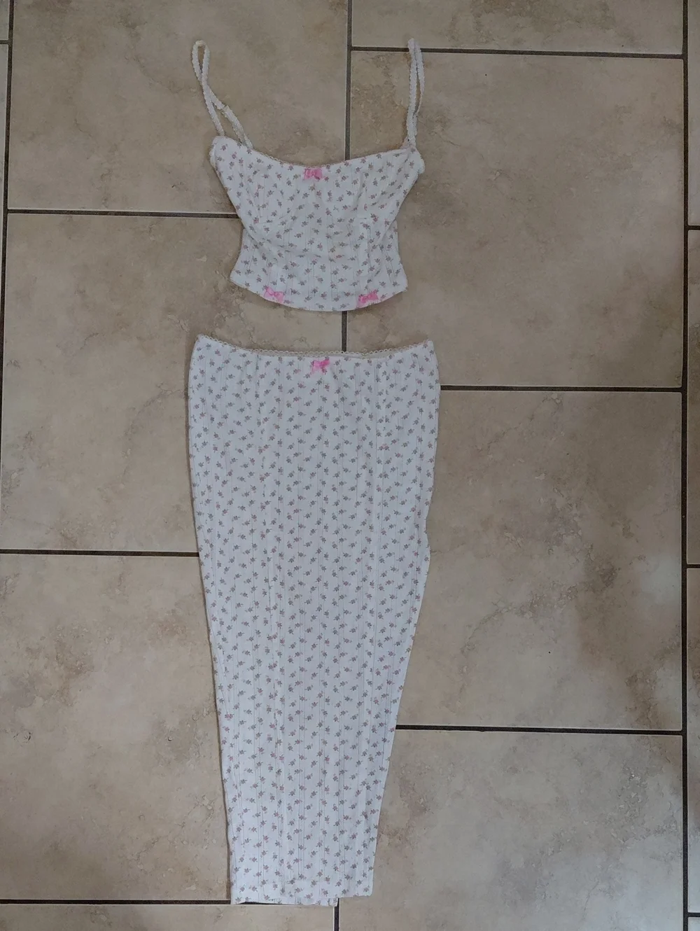 White Floral Midi Skirt with Pink Bow Accent